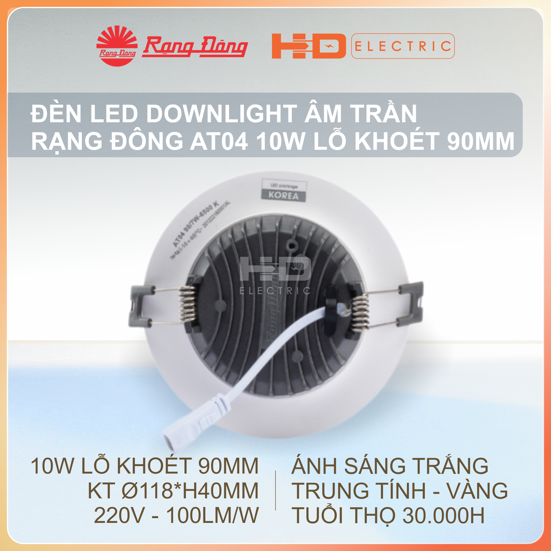 Đèn LED Âm trần Rạng Đông AT04 10W Lỗ khoét 90mm (D90) - Downlight Ánh sáng trắng (6500K)